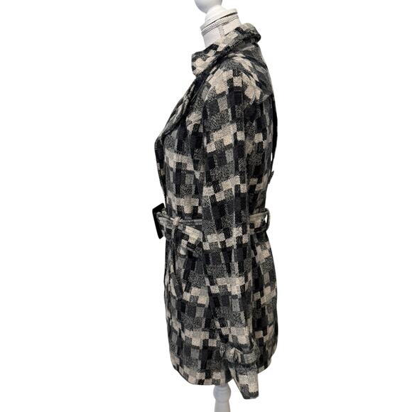 Daytrip Plaid Wool Blend Trench Coat Jacket Peacoat Belted Black Gray Cream L - Picture 4 of 12